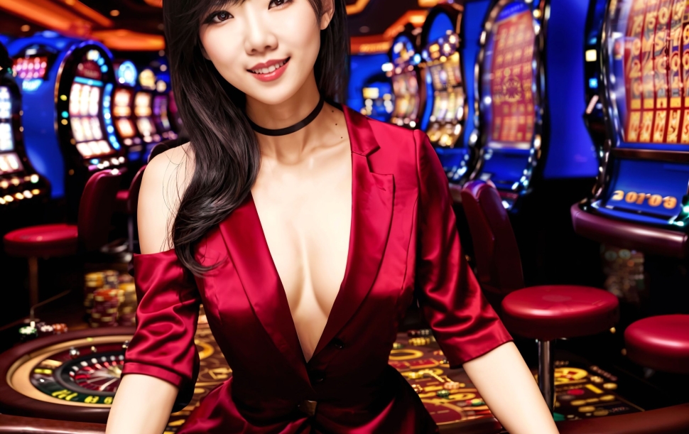 young beautiful asian woman at luxury casino, generative AI